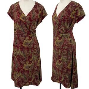 Vintage 90s Ralph Lauren Silk Paisley Knee Length Dress Faux Wrap Red Green S